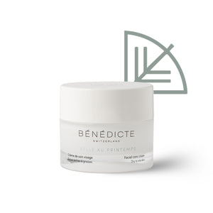 Pot de la crème Belle au Printemps Bénédicte sur fond blanc avec le picto de la saison de l'automne à droite du pot