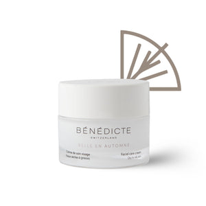 Pot de la crème Belle en Automne Bénédicte sur fond blanc avec le picto de la saison d'automne à droite du pot