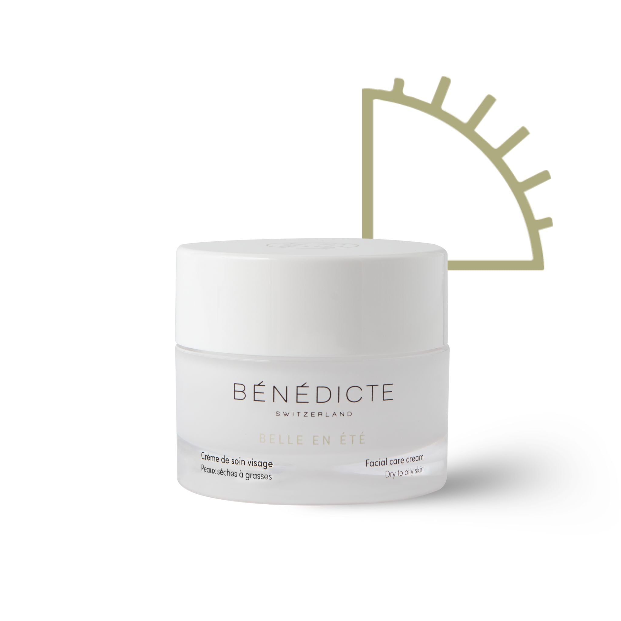 Pot de la crème Belle en Été Bénédicte sur fond blanc avec le picto de la saison d'été à droite du pot