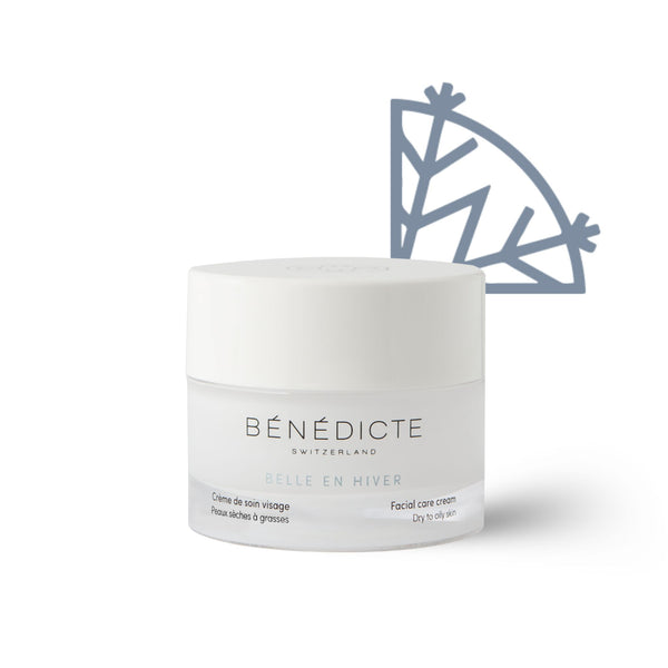 Pot de la crème Belle en Hiver Bénédicte sur fond blanc avec le picto de la saison d'hiver à droite du pot