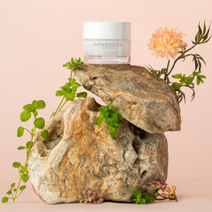 Visuel de la crème Belle au Printemps photographiés sur de la roche avec des branches de fleurs sur fond rosé