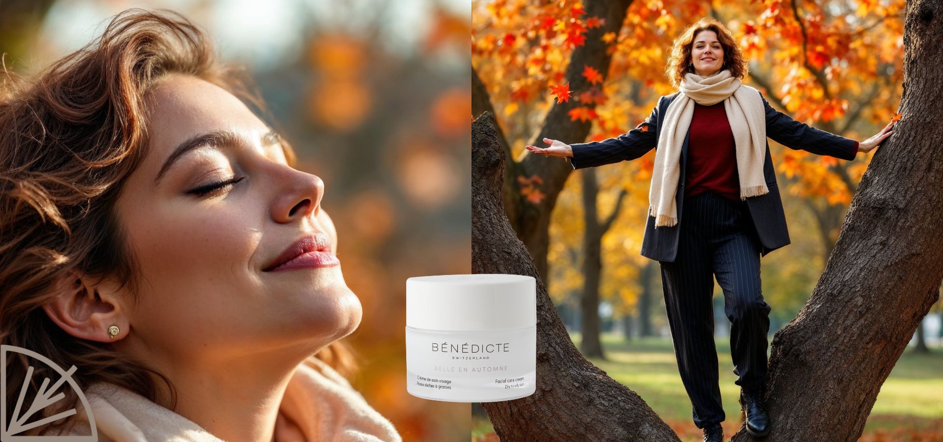 Diptyque de l'automne avec un gros plan sur le visage d'une femme à gauche, à droite une femme dans un parc, debout sur un arbre avec des feuille d'automne, et la crème Belle en Automne Bénédicte au milieu du visuel