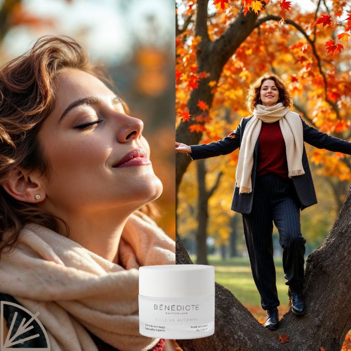 Diptyque de l'automne adapté aux mobiles avec un gros plan sur le visage d'une femme à gauche, à droite une femme dans un parc, debout sur un arbre avec des feuille d'automne, et la crème Belle en Automne Bénédicte au milieu du visuel