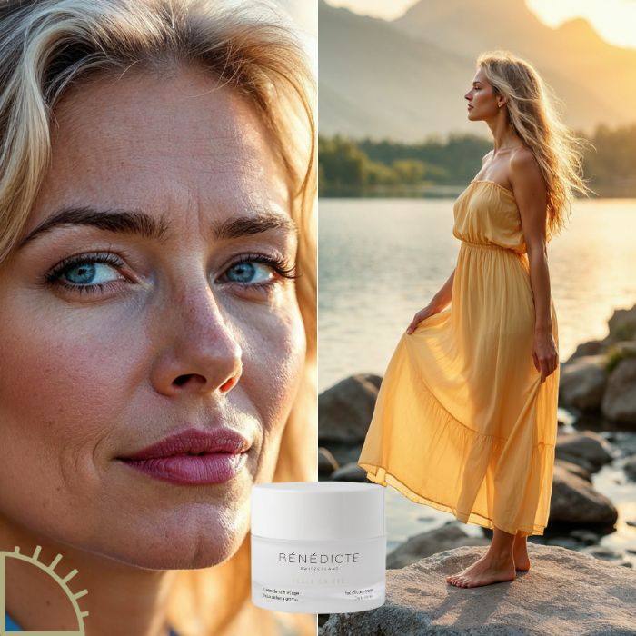 Diptyque de l'été, adapté aux mobiles avec un gros plan sur le visage d'une femme à gauche, à droite une femme debout sur un rocher devant un lac, et la crème Été Bénédicte au milieu du visuel