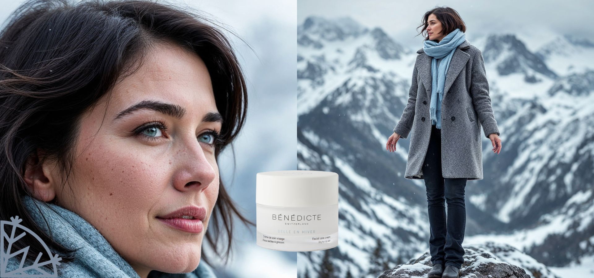 Diptyque de l'été avec un gros plan sur le visage d'une femme à gauche, à droite une femme debout sur un rocher enneigé avec les montagnes dans le fond, et la crème Belle en Hiver Bénédicte au milieu du visuel