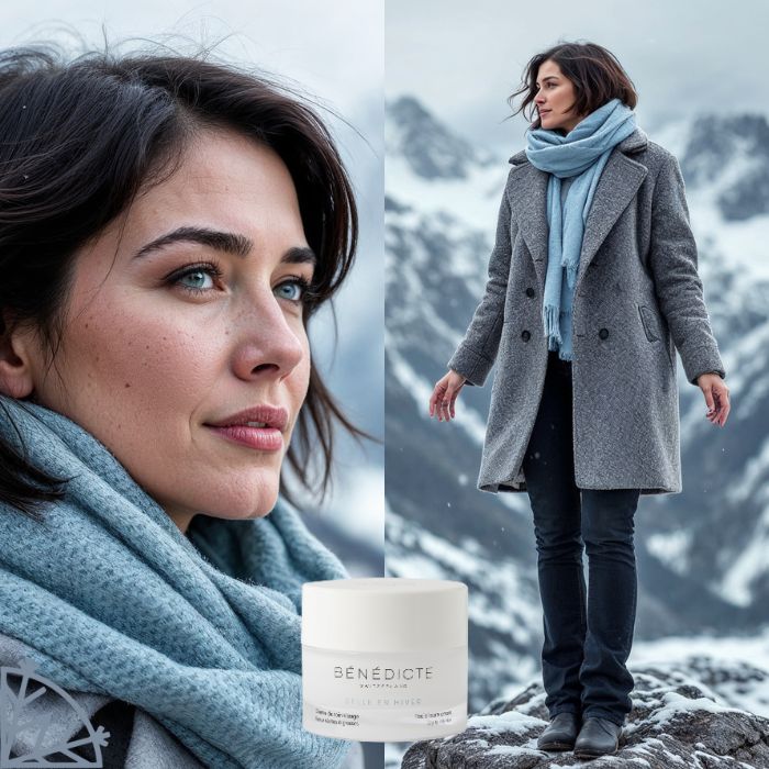 Diptyque de l'été, adapté aux mobiles, avec un gros plan sur le visage d'une femme à gauche, à droite une femme debout sur un rocher enneigé avec les montagnes dans le fond, et la crème Belle en Hiver Bénédicte au milieu du visuel