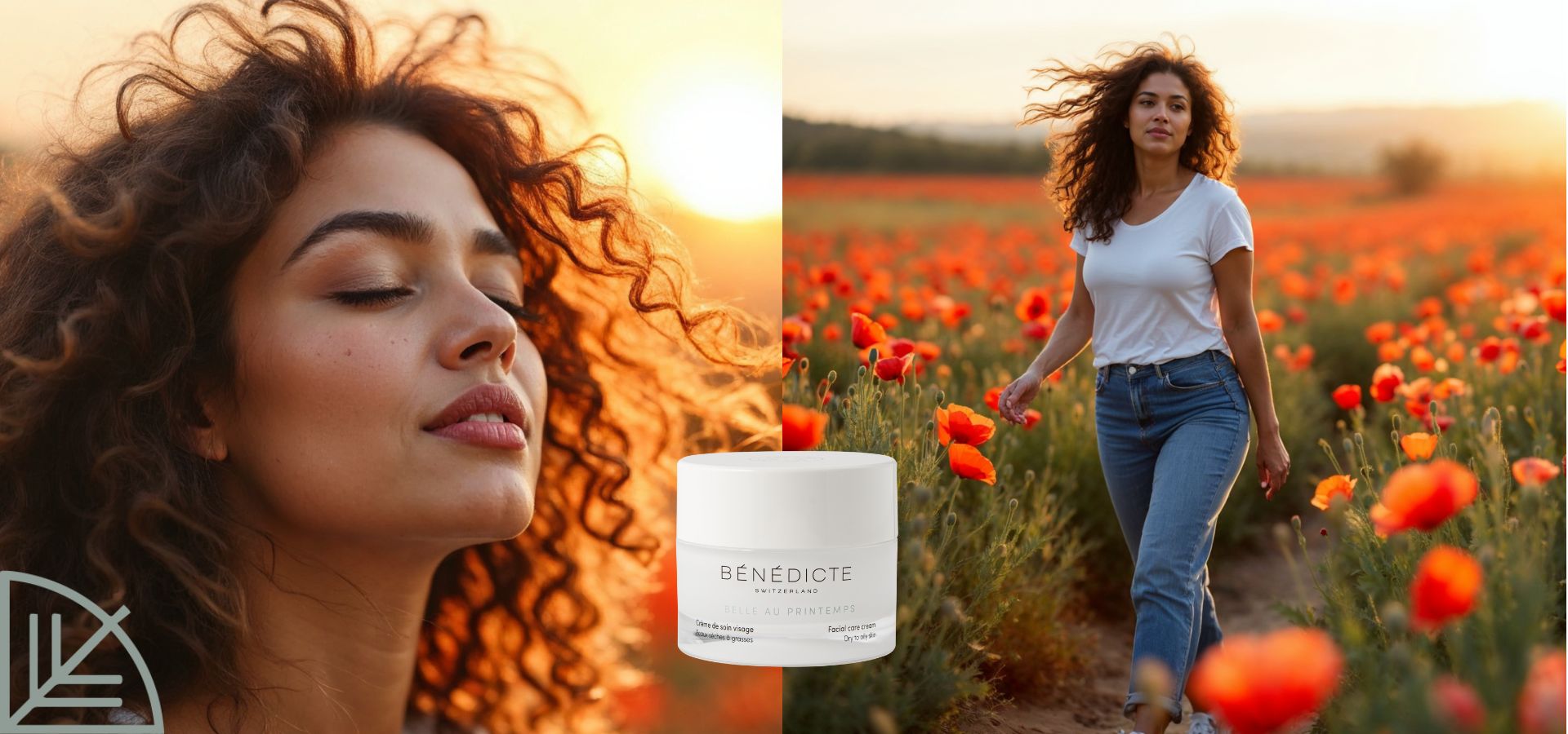 Diptyque du Printemps avec un gros plan sur le visage d'une femme à gauche, à droite une femme dans un champ de coquelicots, debout, et la crème Belle au Printemps Bénédicte au milieu du visuel
