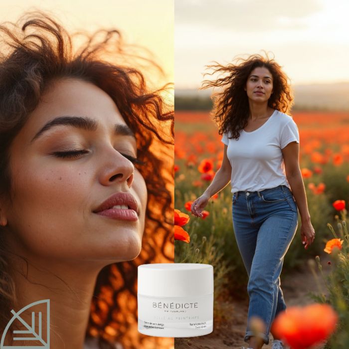 Diptyque du Printemps, adapté aux mobiles avec un gros plan sur le visage d'une femme à gauche, à droite une femme dans un champ de coquelicots, debout, et la crème Belle au Printemps Bénédicte au milieu du visuel