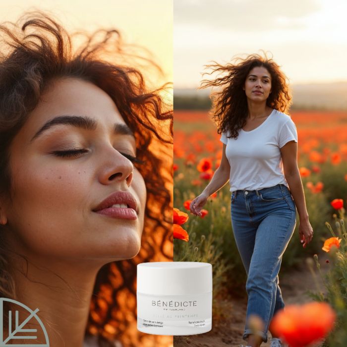 Diptyque du Printemps, adapté aux mobiles avec un gros plan sur le visage d'une femme à gauche, à droite une femme dans un champ de coquelicots, debout, et la crème Belle au Printemps Bénédicte au milieu du visuel