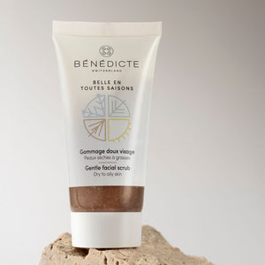 Visuel du gommage doux visage  Belle en toutes saisons Bénédicte photographiés sur de la roche sur un fond gris