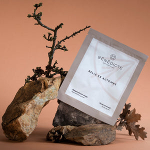 Visuel du masque Belle en Automne Bénédicte photographiés sur de la roche avec des branches sur un fond marron