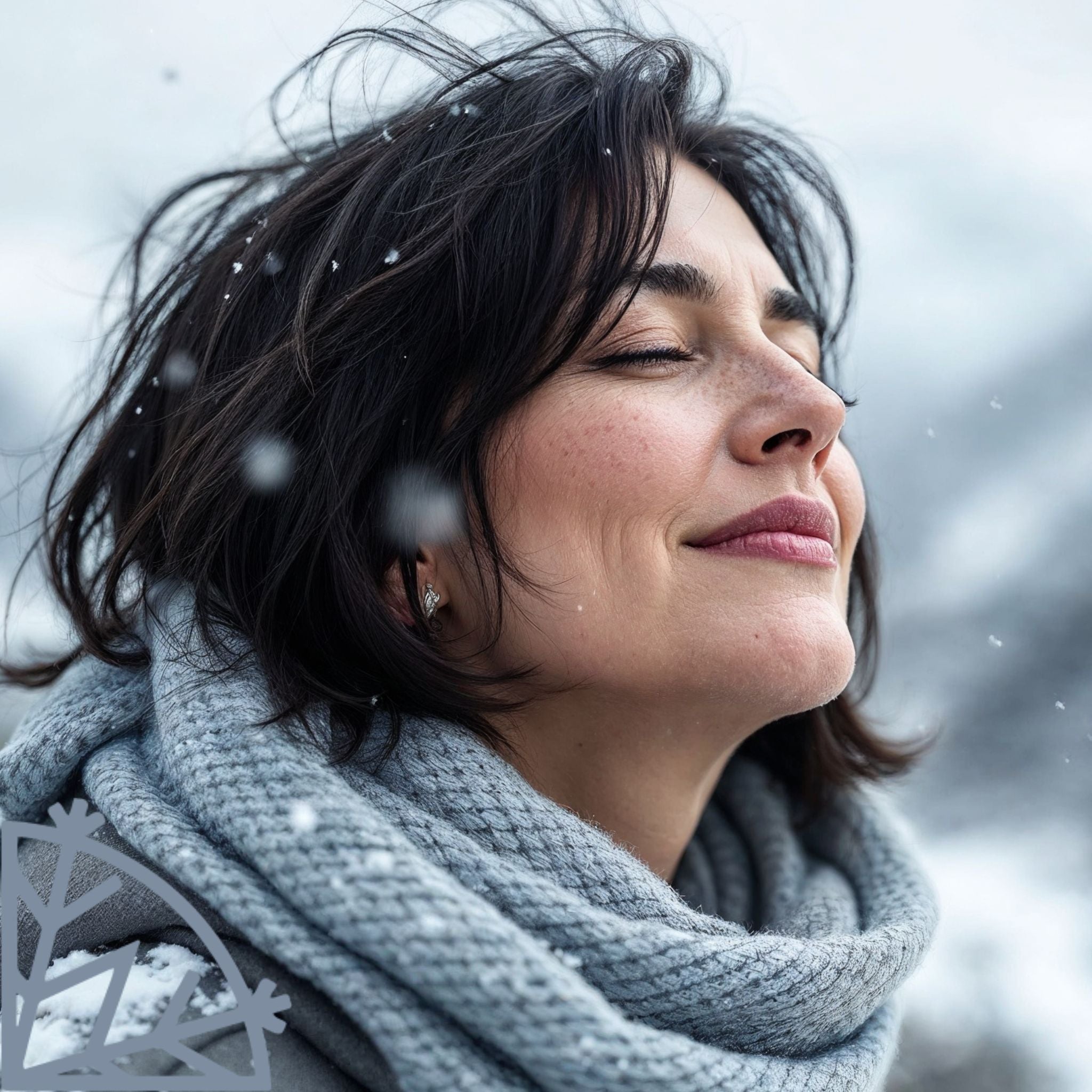 Visage d'une femme brune fermant les yeux avec des flocons de neige dans les cheveux
