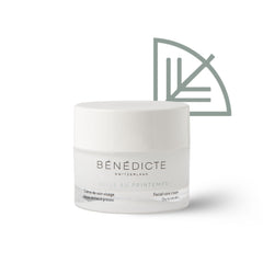 Pot de la crème Belle au Printemps Bénédicte sur fond blanc avec le picto de la saison de l'automne à droite du pot