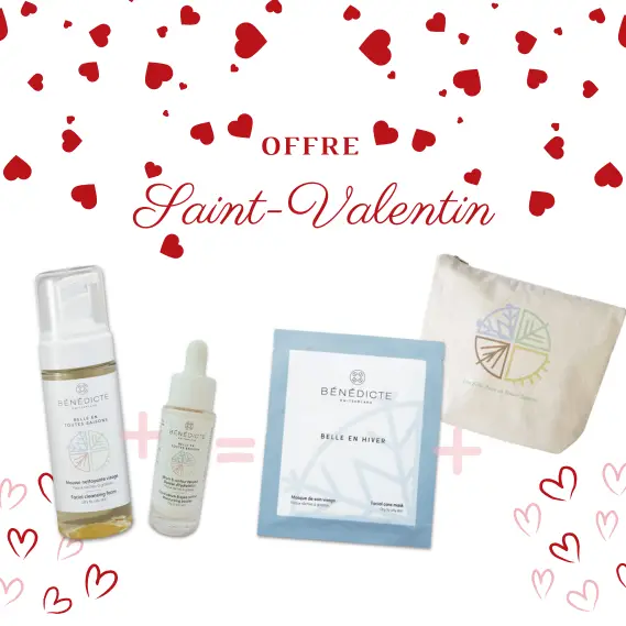 Offre Saint Valentin pour l'achat d'une grande mousse et d'un serum, le masque hiver et une trousse Bénédicte sont offerts